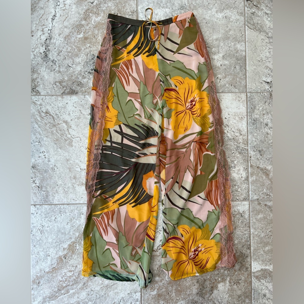 TWINSET ACTITUDE Printed Creponne Floral Palazzo Trousers, Wild Yellow/Green, S